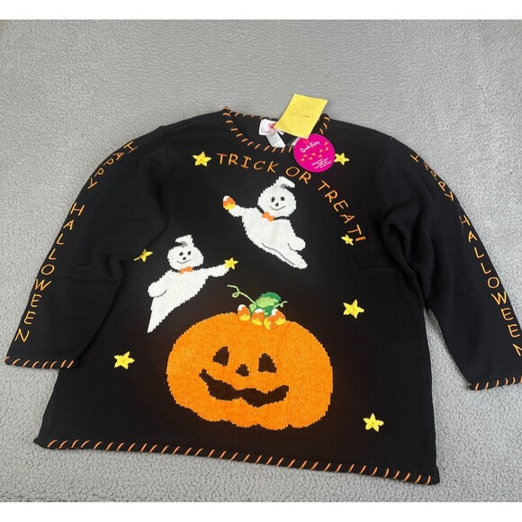 Quacker Factory Sweater Womens 1X Black Halloween Trick or Treat Ghost Pumpkin - Picture 1 of 12